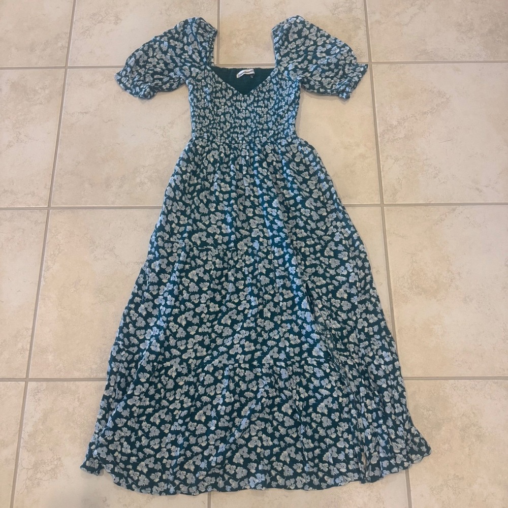 Abercrombie & Fitch Green Floral Smocked Puff Sleeve Maxi Dress Small